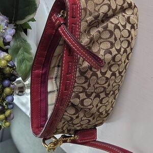 COACH Brown Monogram Tattersall with Red Whipstitch  Trim Wristlet